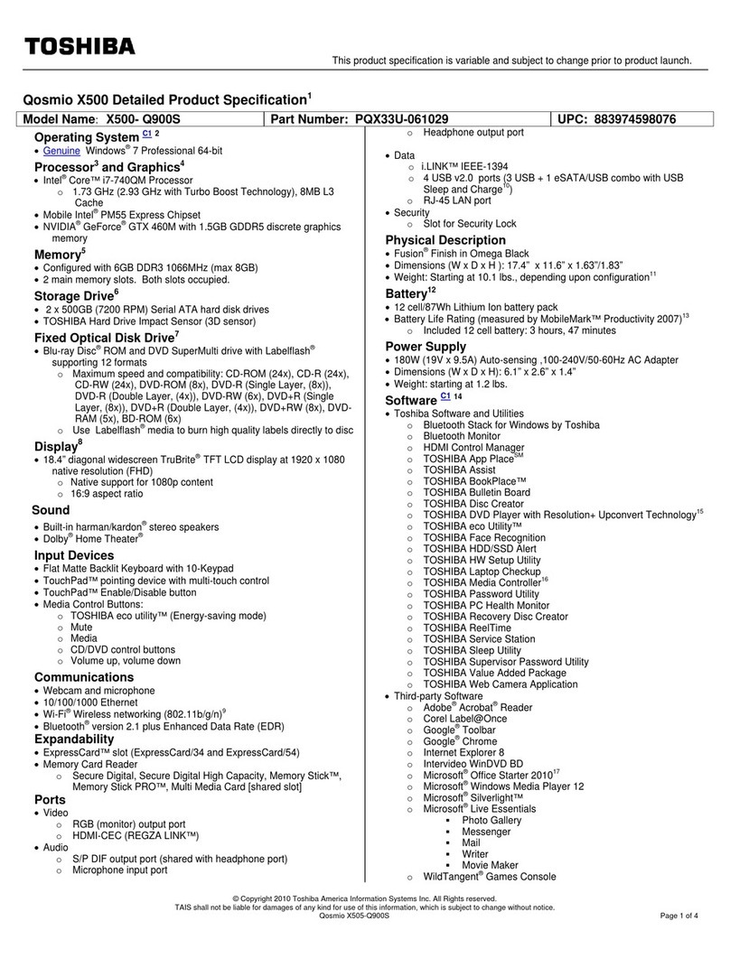 Toshiba X500-Q900S Specifications