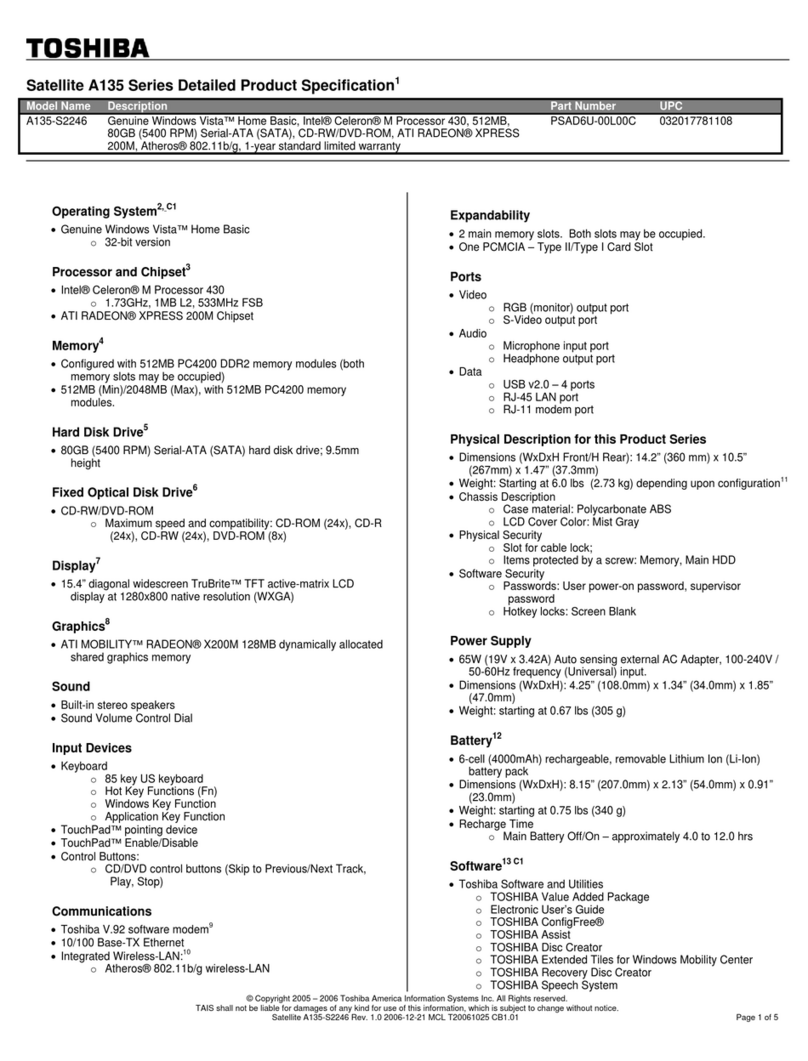 Toshiba A135-S2246 - Satellite - Celeron M 1.73 GHz Specifications