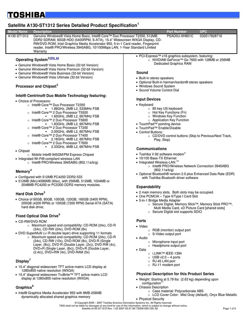 Toshiba A130-ST1312 Specifications