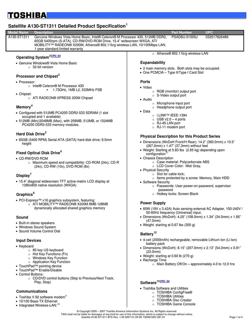 Toshiba A130-ST1311 Specifications
