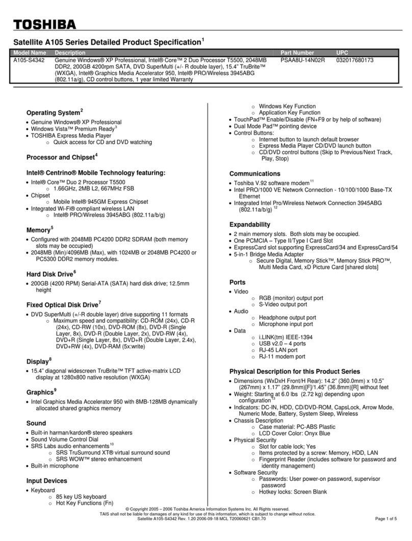 Toshiba A105-S4342 Specifications