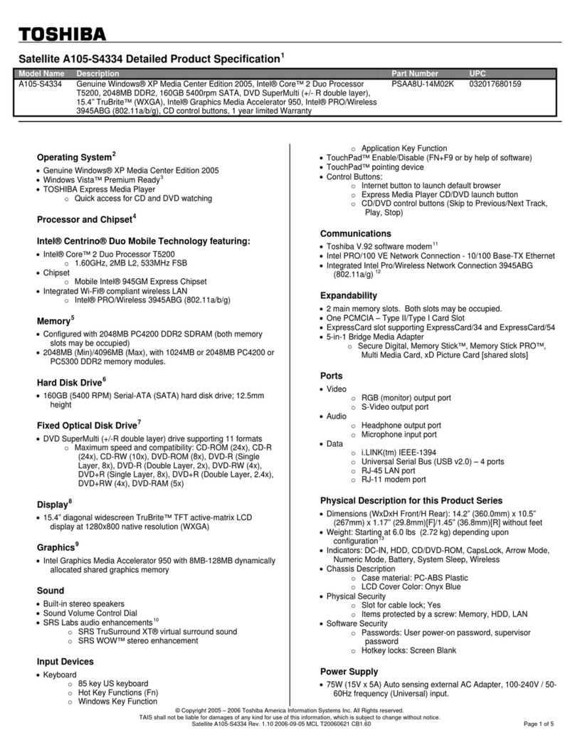 Toshiba A105-S4334 - Satellite - Core 2 Duo 1.6 GHz Specifications