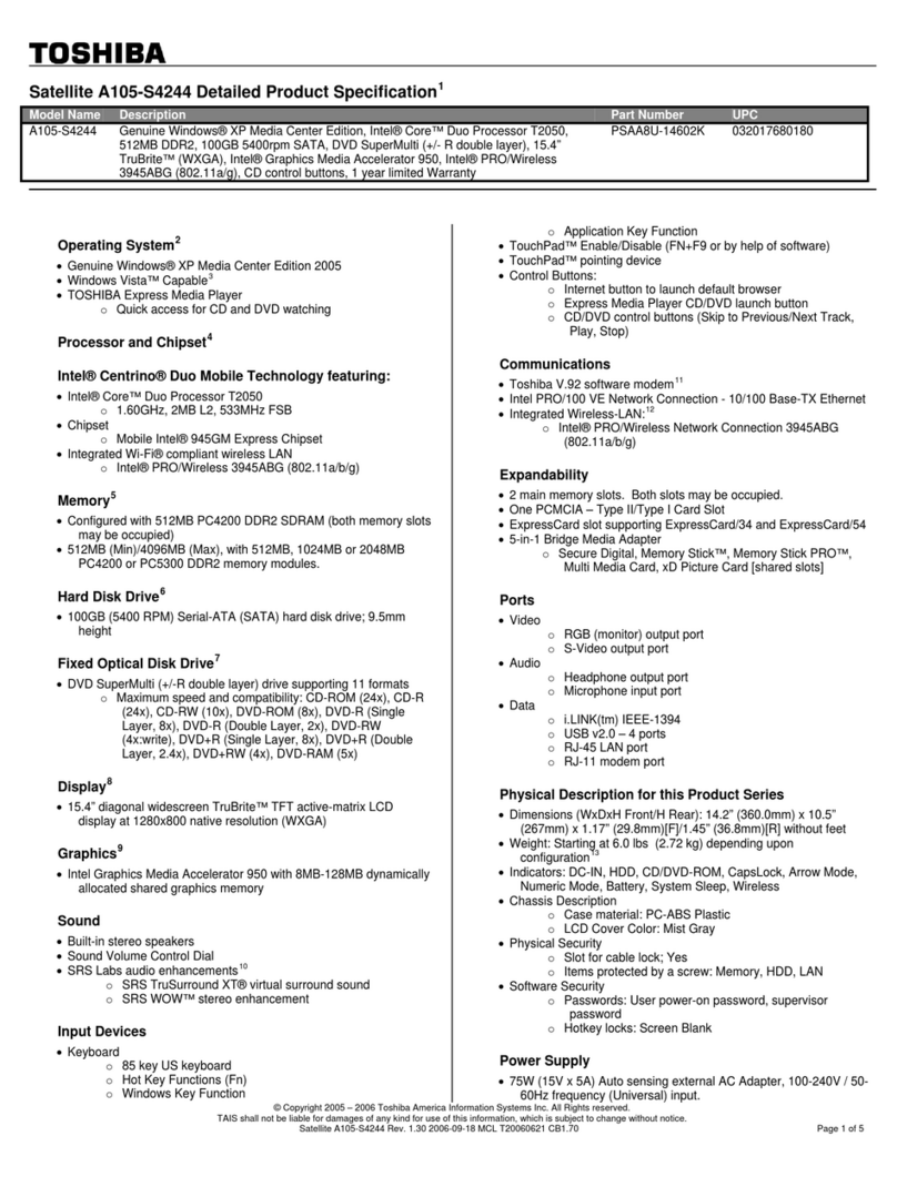 Toshiba A105-S4244 - Satellite - Core Duo 1.66 GHz User manual