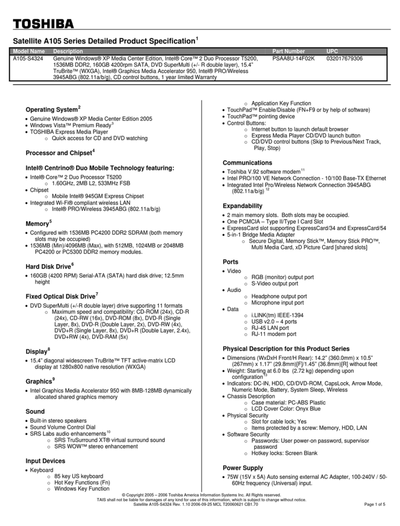Toshiba A105-S4324 Specifications
