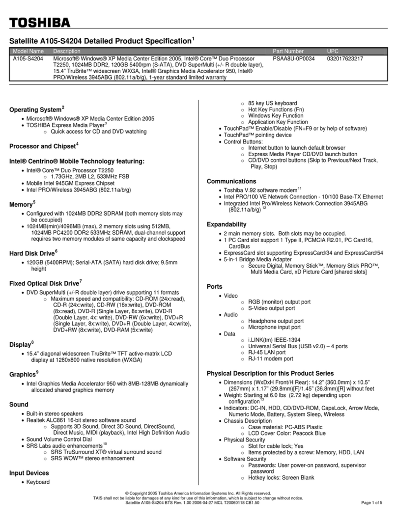 Toshiba A105-S4204 Specifications