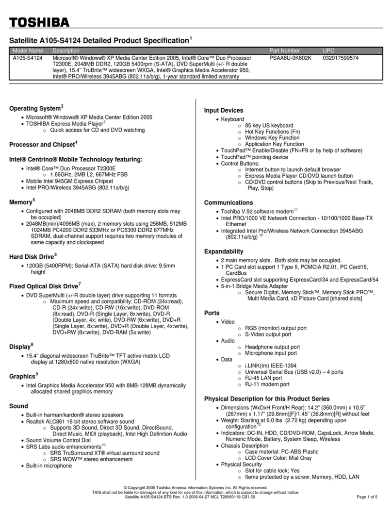 Toshiba A105-S4124 Specifications