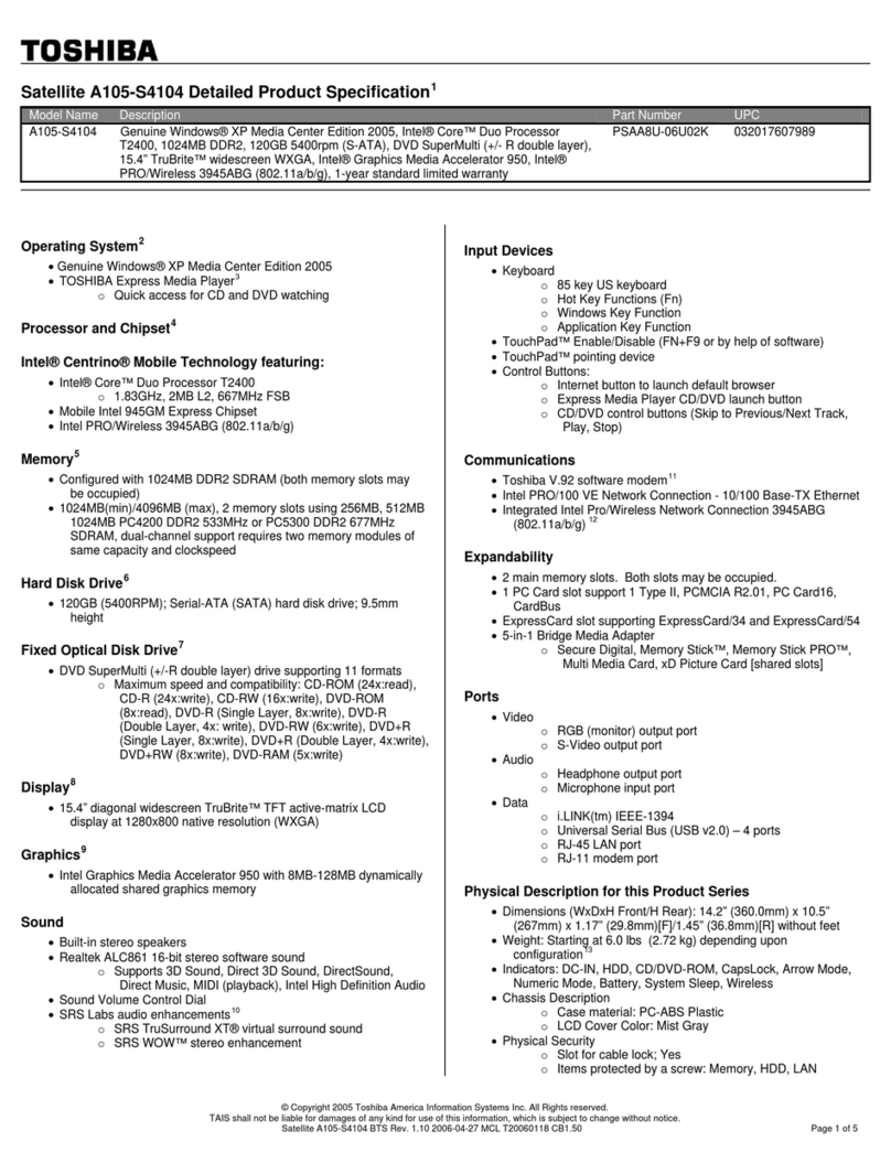 Toshiba A105-S4104 - Satellite - Core Duo 1.83 GHz User manual
