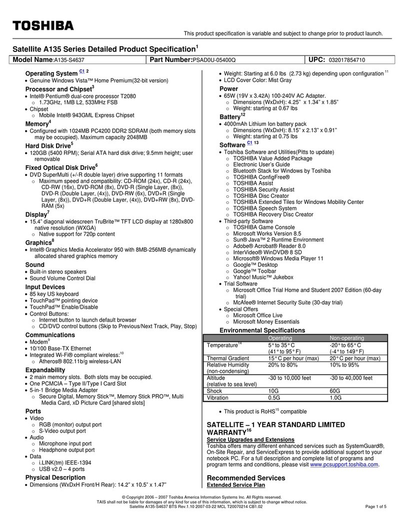Toshiba A135-S4637 - Satellite - Pentium Dual Core 1.73... User manual