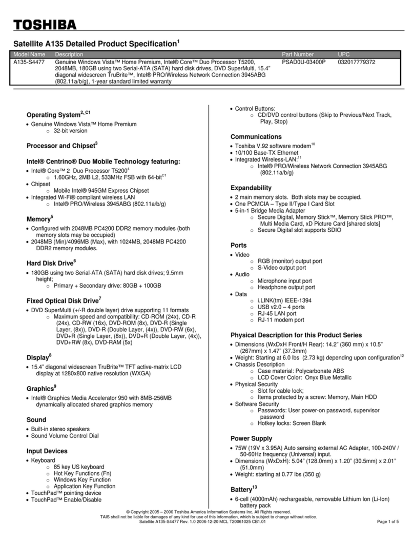 Toshiba A135-S4477 - Satellite - Core 2 Duo 1.6 GHz User manual