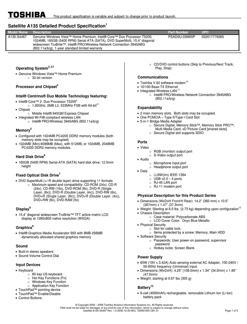 Toshiba A135-S4467 - Satellite - Core 2 Duo 1.6 GHz User manual