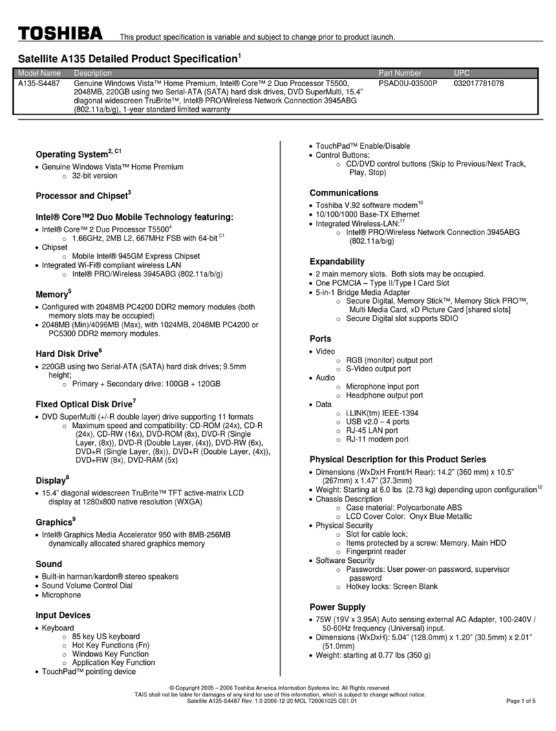 Toshiba A135S4487 - Satellite - Core 2 Duo 1.66 GHz User manual