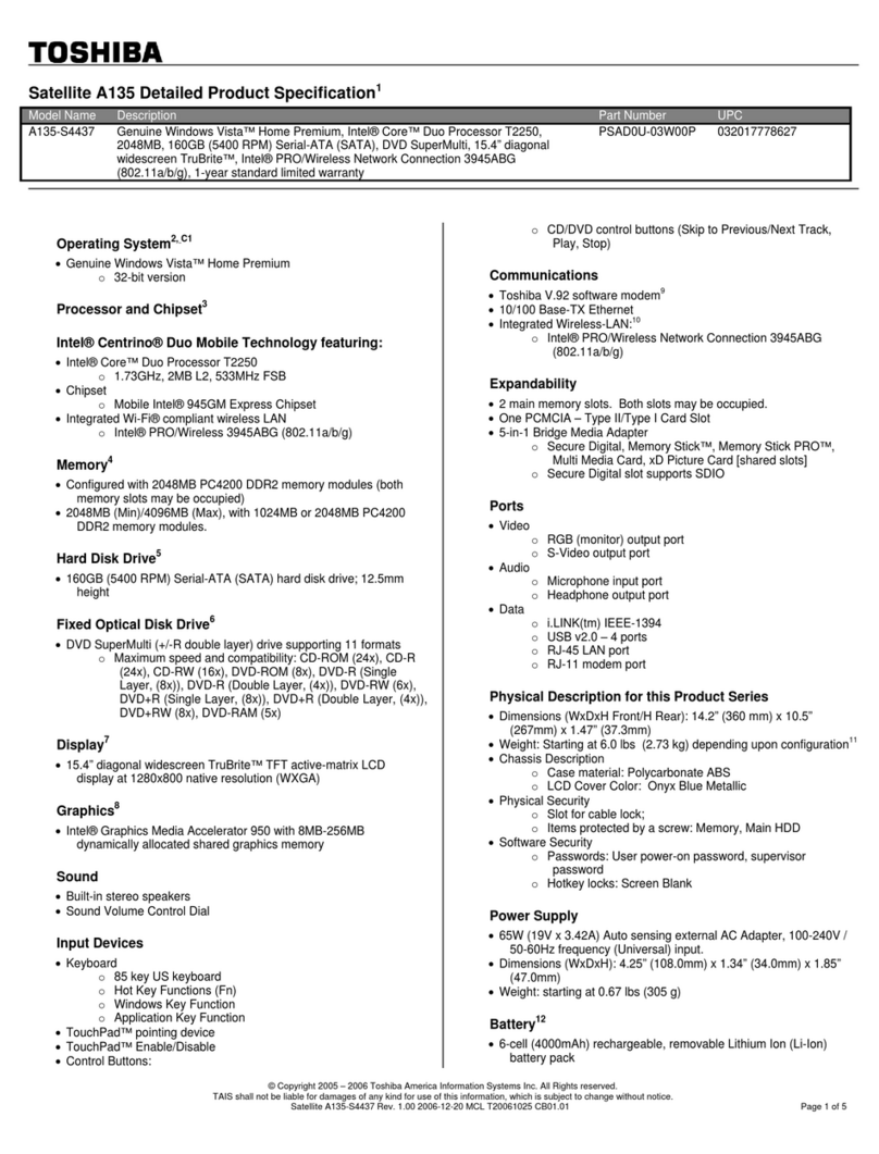 Toshiba A135-S4437 - Satellite - Core Duo 1.73 GHz User manual