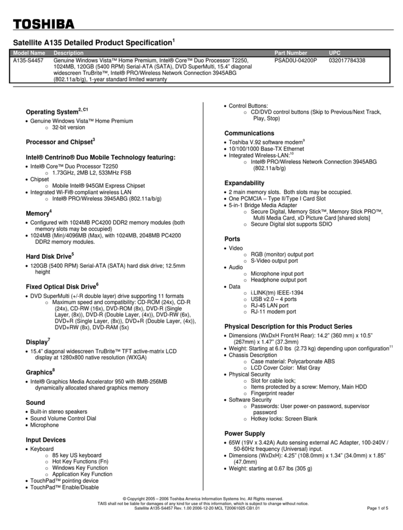 Toshiba A135-S4457 Specifications