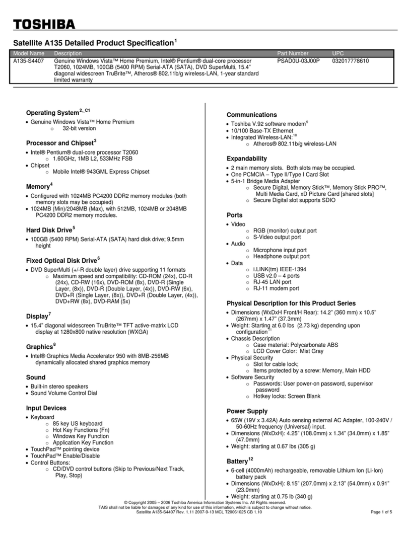 Toshiba A135S4407 - Satellite - Pentium Dual Core 1.6... User manual