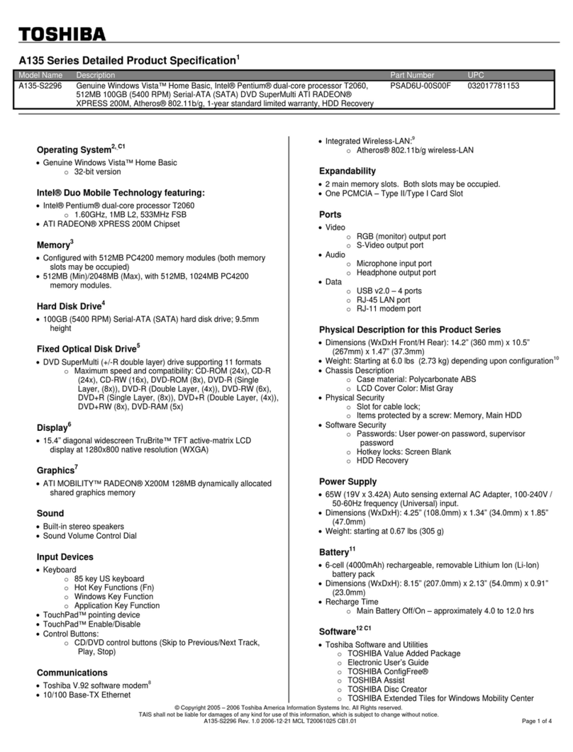 Toshiba A135-S2296 Specifications
