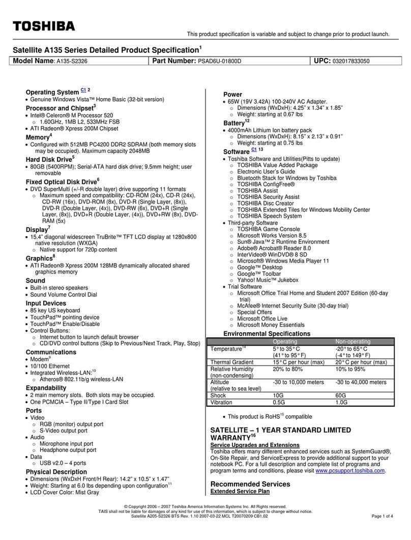 Toshiba A135-S2326 - Satellite - Celeron M 1.6 GHz Specifications