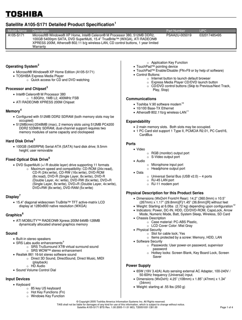 Toshiba A105-S171 Specifications