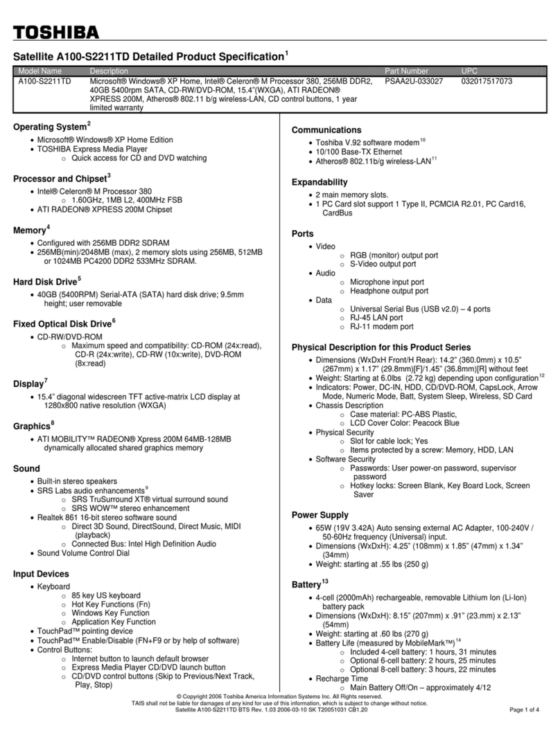 Toshiba A100-S2211TD Specifications
