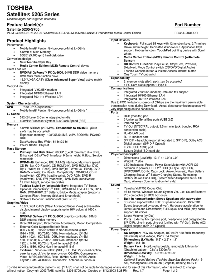 Toshiba 5205 S705 - Satellite - Pentium 4-M 2.4 GHz User manual