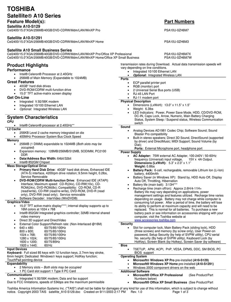 Toshiba A10 S129 - Satellite - Celeron 2.4 GHz User manual