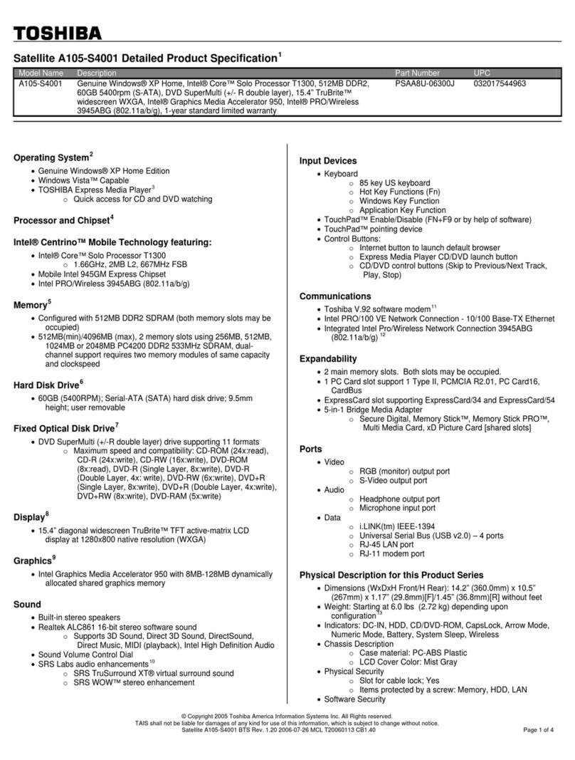 Toshiba A105-S4001 Specifications