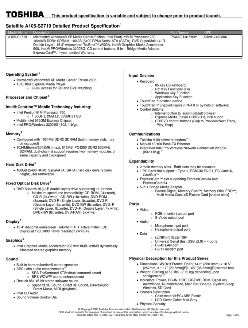 Toshiba A105-S2719 Specifications