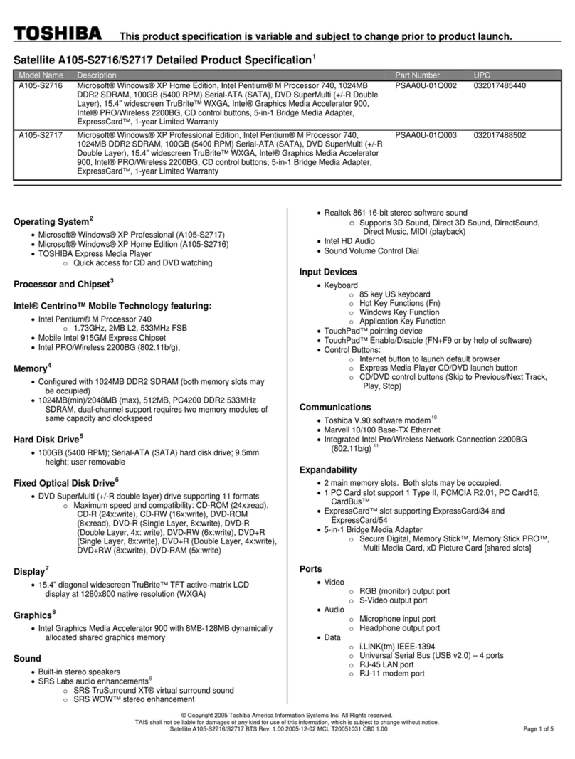 Toshiba A105-S2716 - Satellite - Pentium M 1.73 GHz User manual