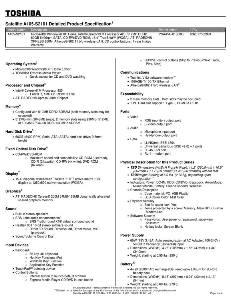 Toshiba A105-S2101 Specifications