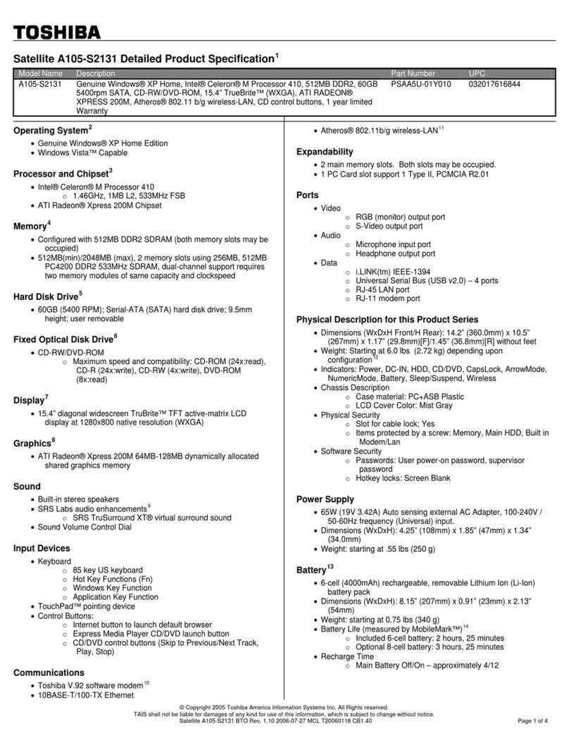 Toshiba A105-S2131 Specifications