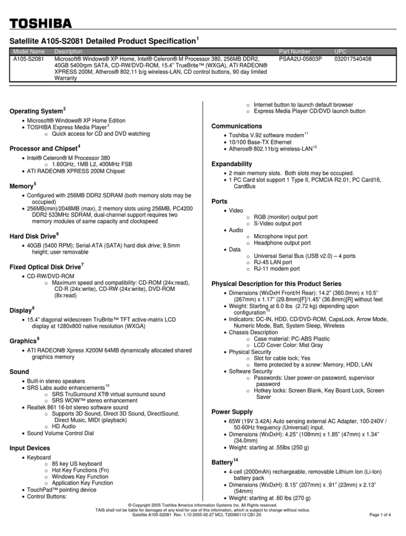 Toshiba A105-S2081 - Satellite - Celeron M 1.6 GHz User manual