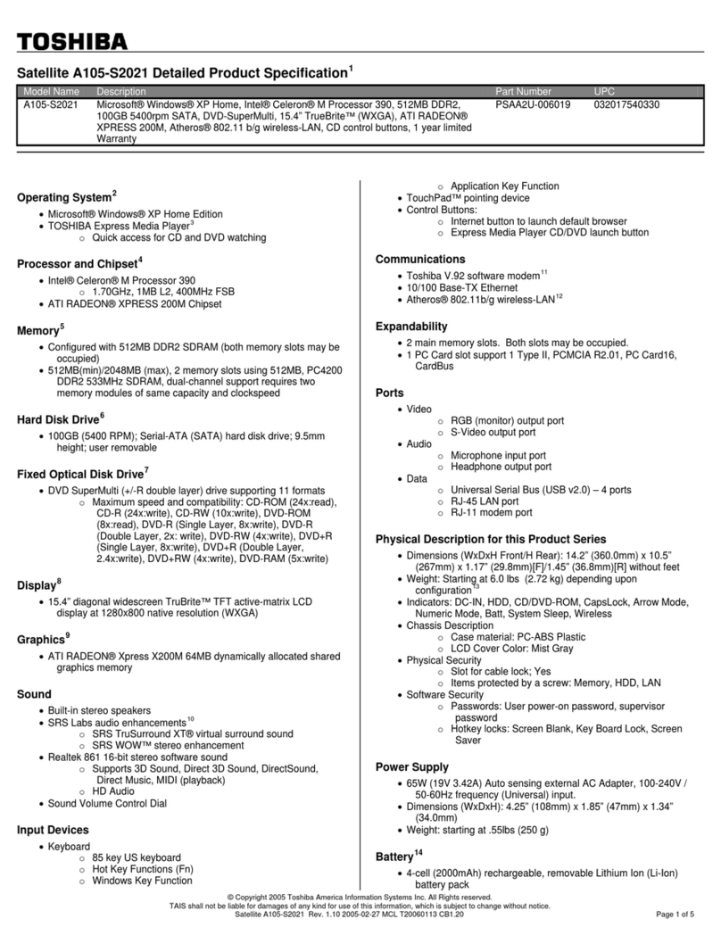 Toshiba A105-S2021 Specifications