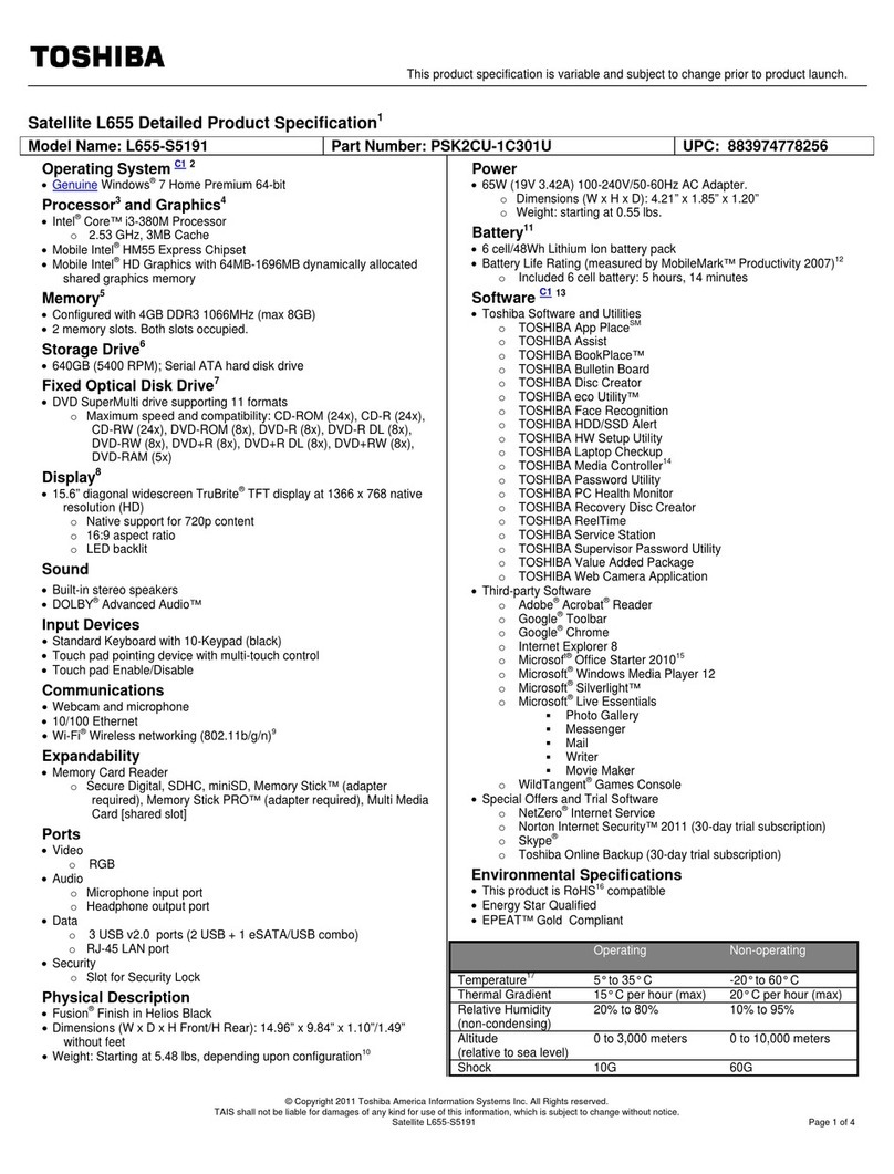 Toshiba L655-S5191 Specifications