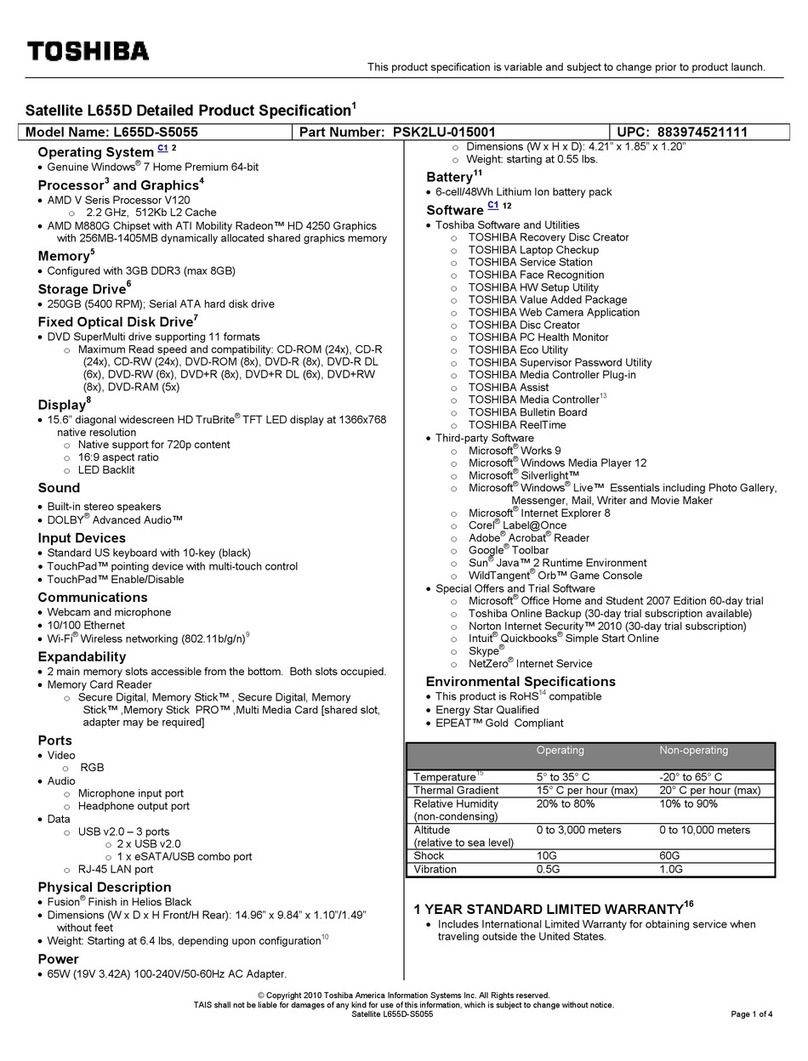 Toshiba L655D-S5055 Specifications