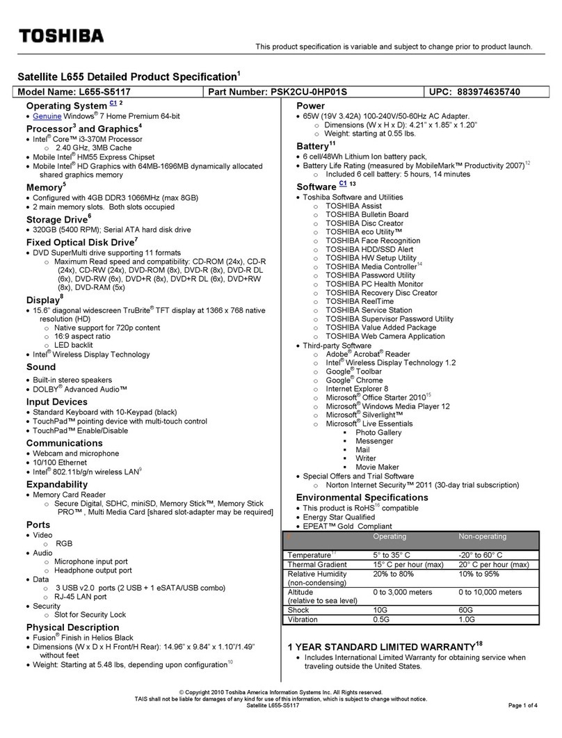 Toshiba L655-S5117 Specifications
