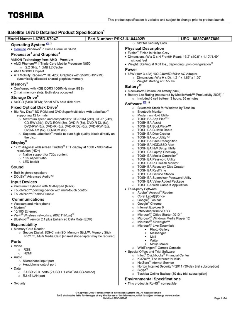 Toshiba L675D-S7047 Specifications