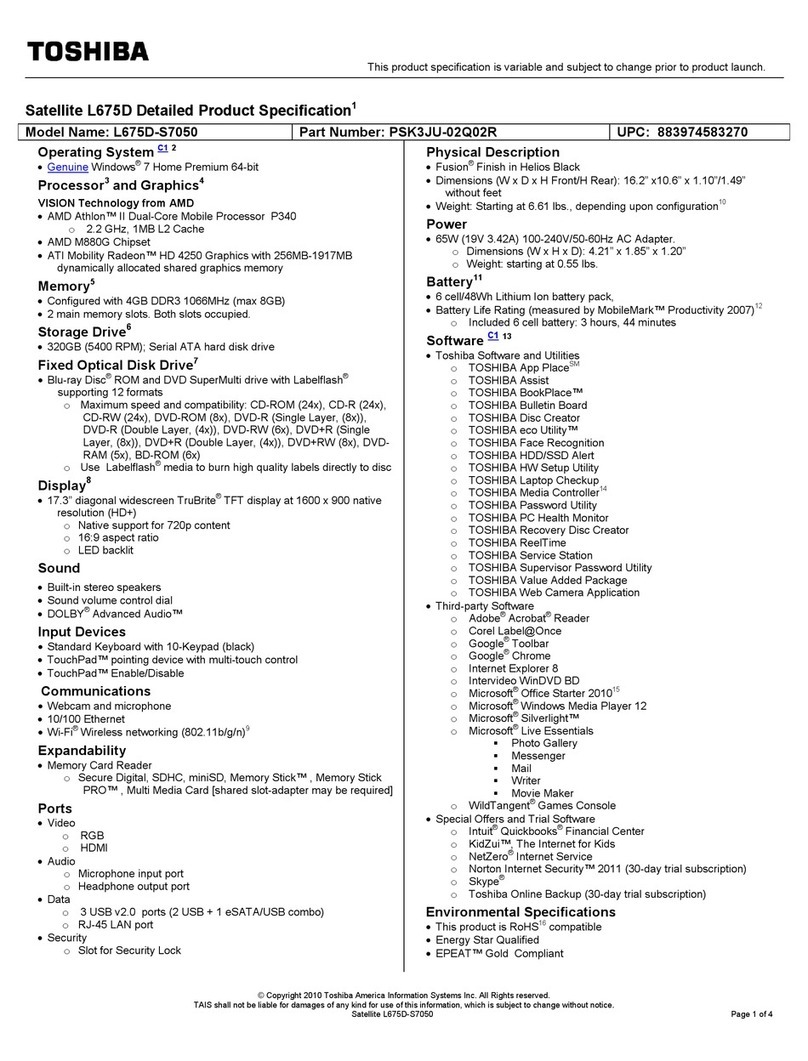 Toshiba L675D-S7050 Specifications Toshiba L675D-S7050 Specifications