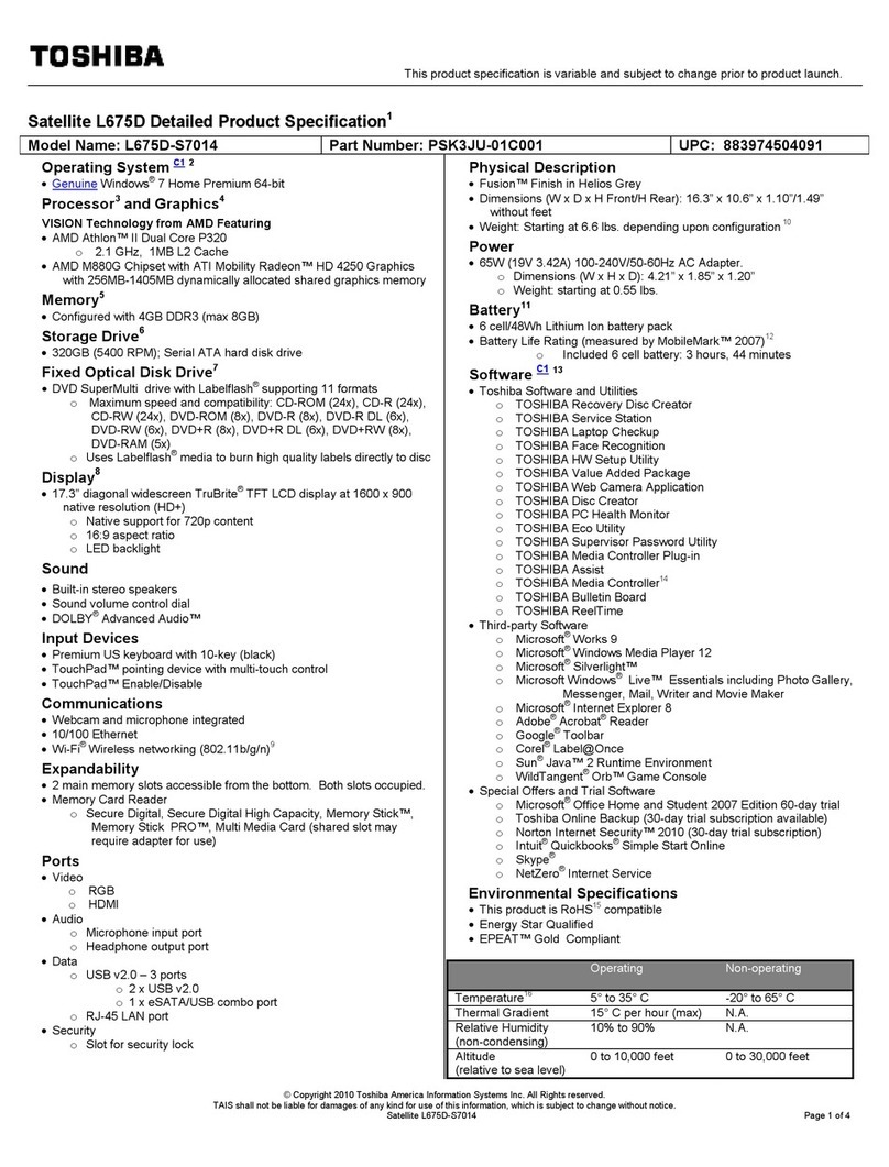 Toshiba L675D-S7014 Specifications
