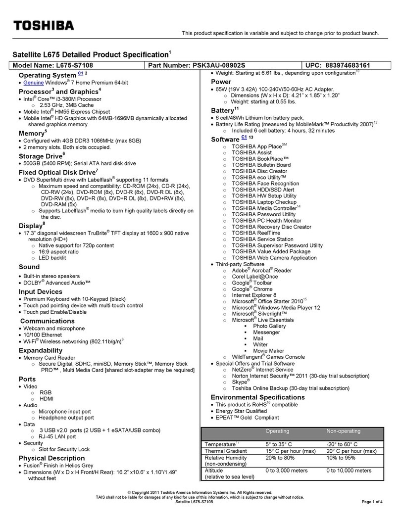 Toshiba L675-S7108 Specifications