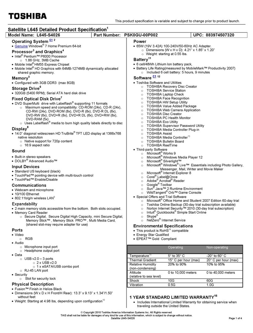 Toshiba L645-S4026 Specifications