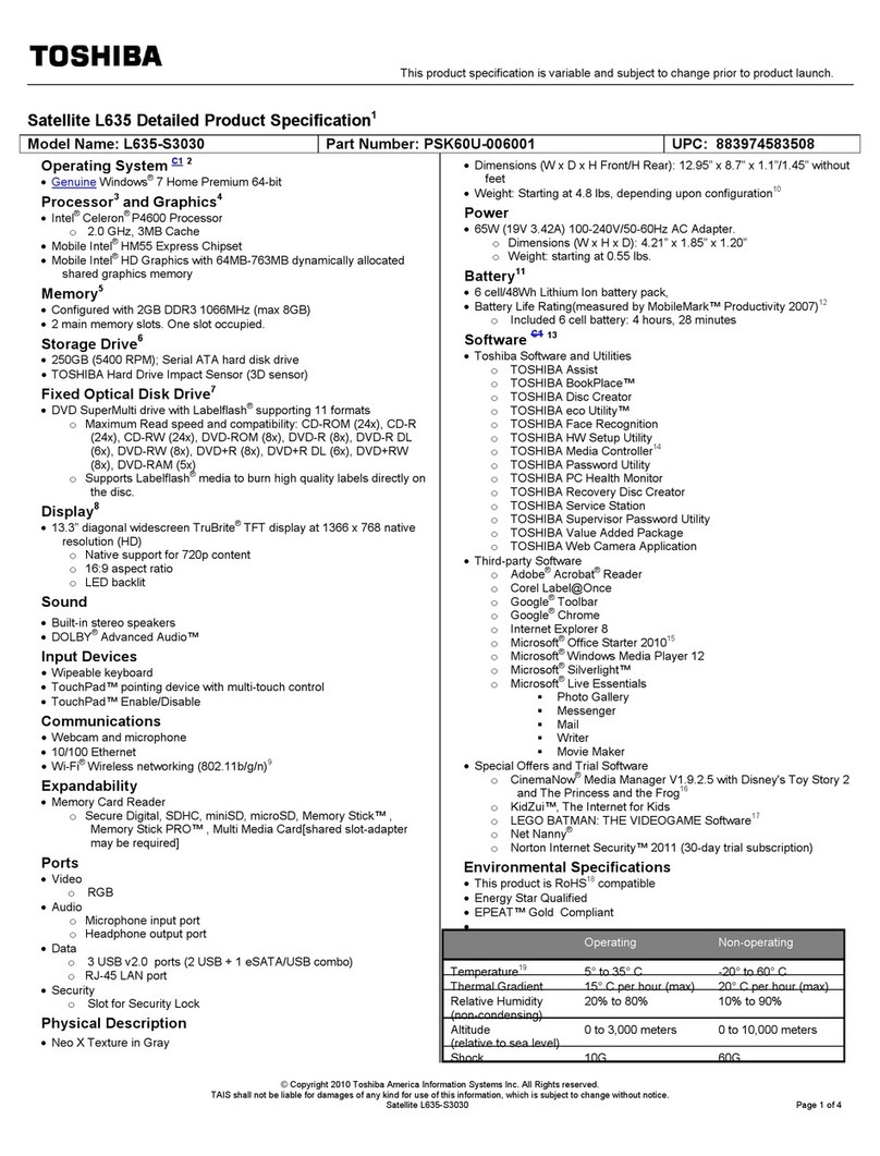 Toshiba Satellite L635-S3030 Installation instructions