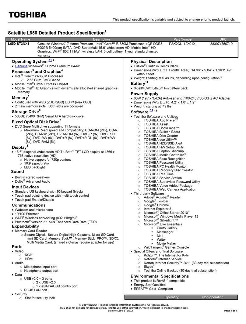 Toshiba L650-ST3NX1 Specifications