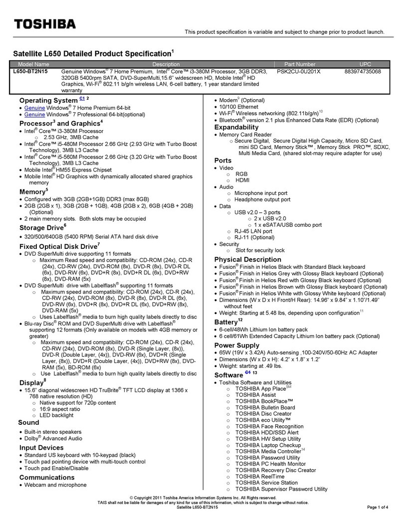 Toshiba L650-BT2N15 Specifications