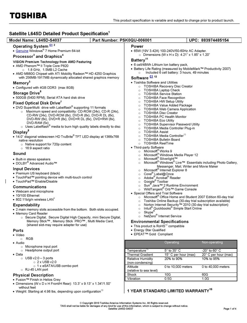 Toshiba L645D-S4037 Specifications