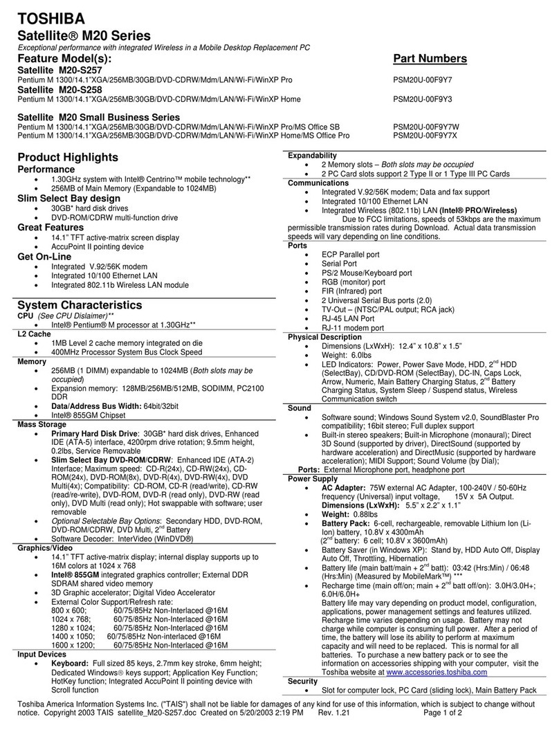 Toshiba M20-S257 Specifications