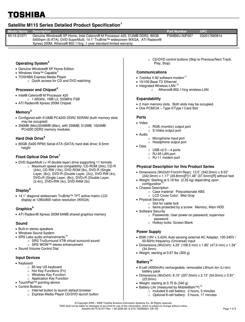 Toshiba M115-S1071 Specifications