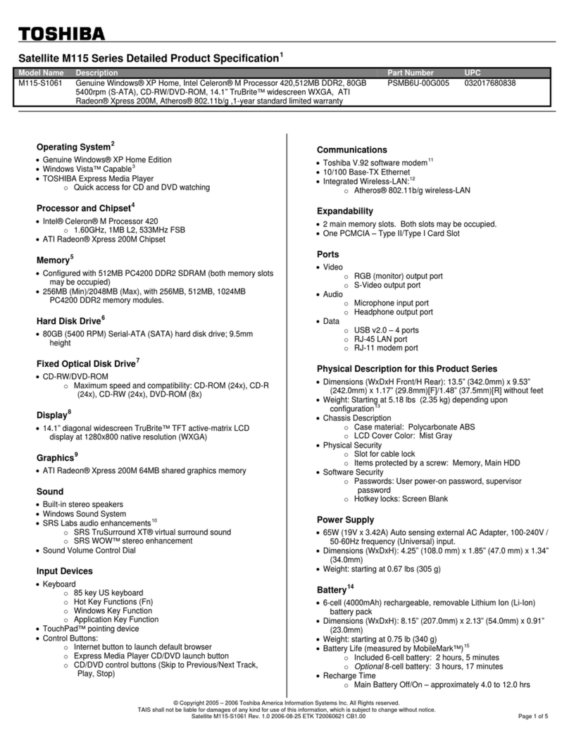 Toshiba M115 S1061 - Satellite - Celeron M 1.6 GHz User manual