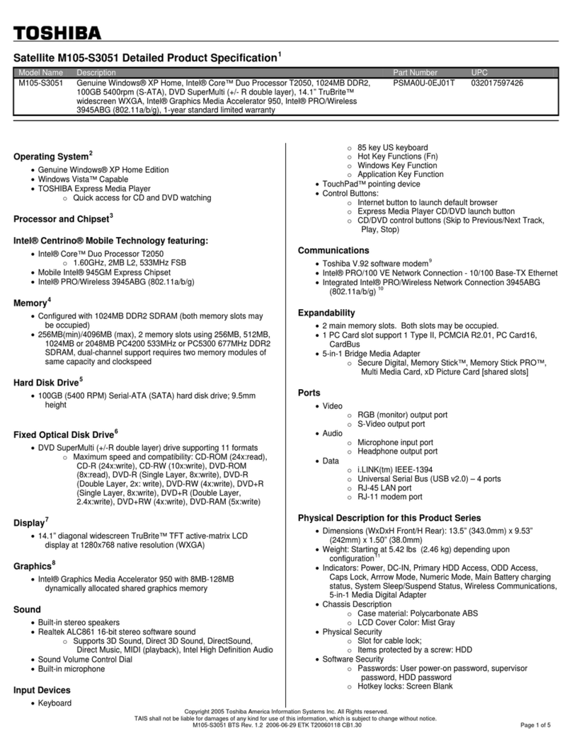 Toshiba M105-S3051 Specifications