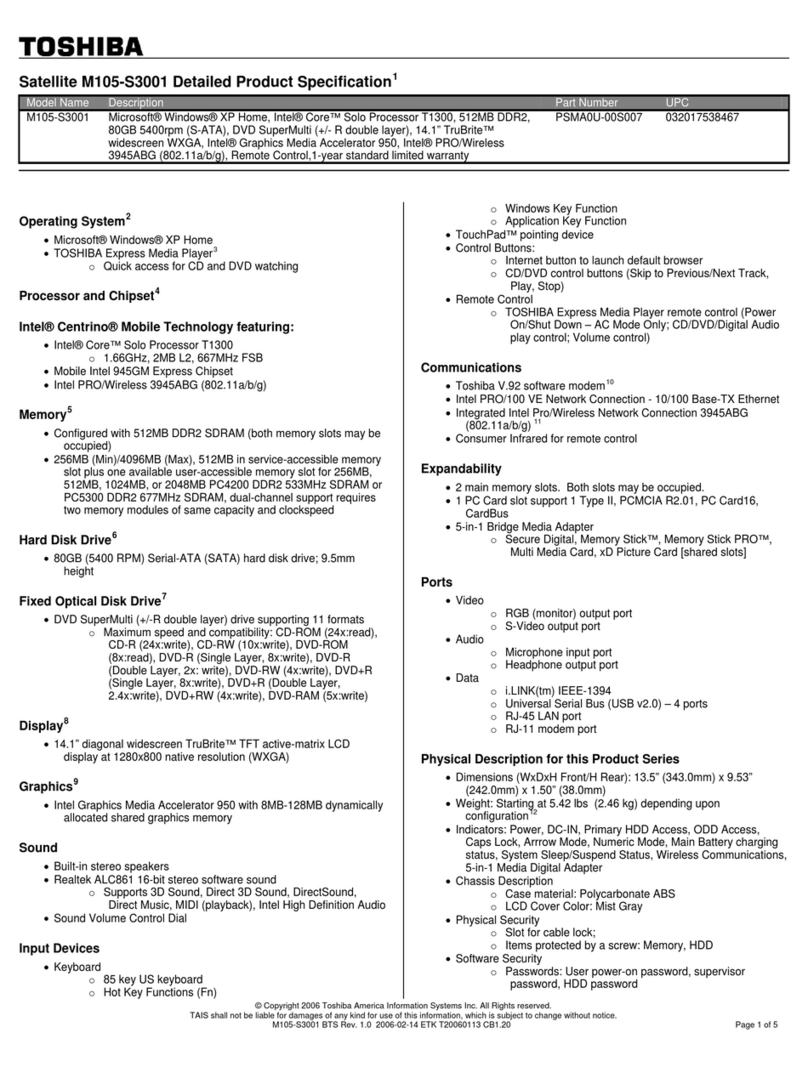 Toshiba M105-S3001 Specifications