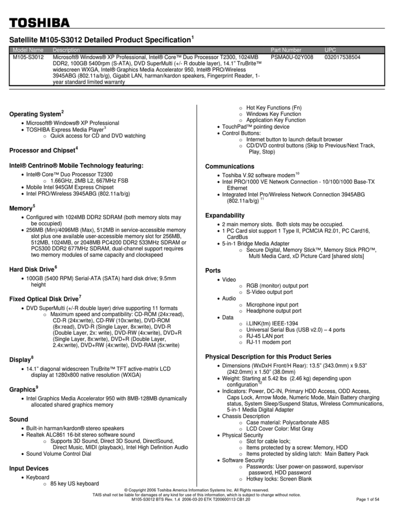 Toshiba M105-S3012 Specifications