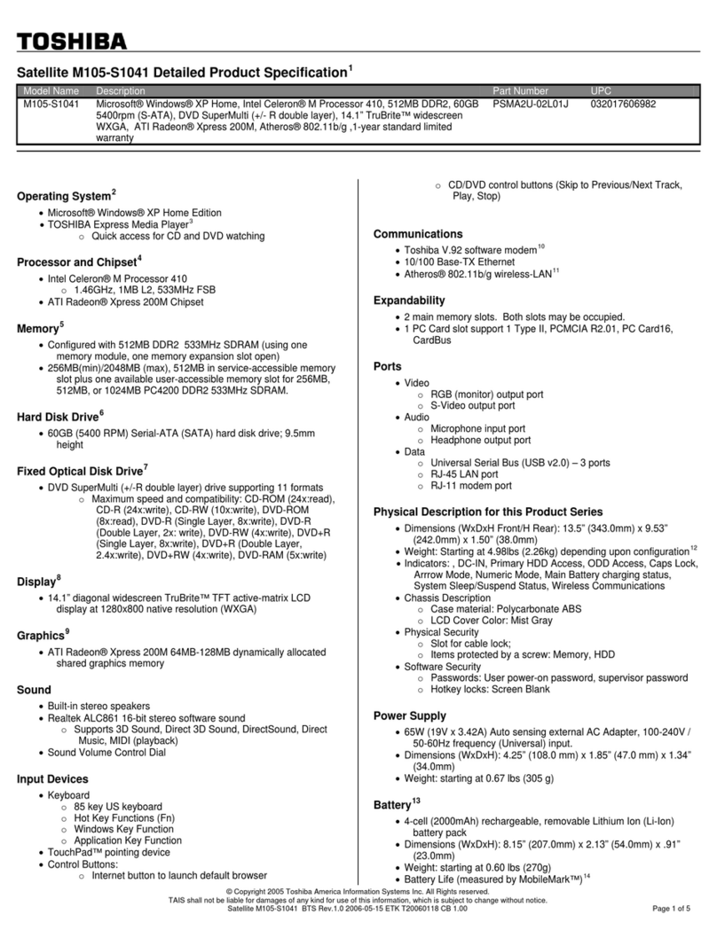 Toshiba M105-S1041 Specifications